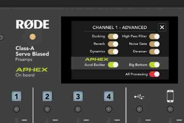 The RODECaster Pro has a touch screen to help you adjust audio settings.
